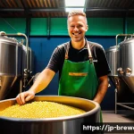 수제맥주 생산 공정 - **"The Art of Craft Beer: A Brewer's Passion"**
    A vibrant, sunlit scene inside a traditional yet...