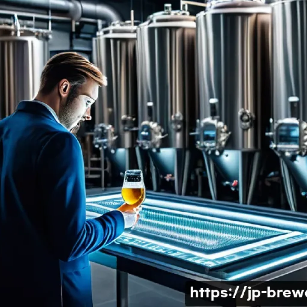 수제맥주 혁신 기술 - A futuristic and sophisticated brewery interior, where a visionary brewer, dressed in a clean, profe...