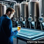 수제맥주 혁신 기술 - A futuristic and sophisticated brewery interior, where a visionary brewer, dressed in a clean, profe...