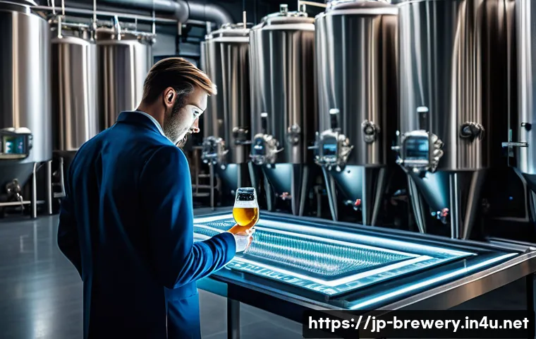 수제맥주 혁신 기술 - A futuristic and sophisticated brewery interior, where a visionary brewer, dressed in a clean, profe...