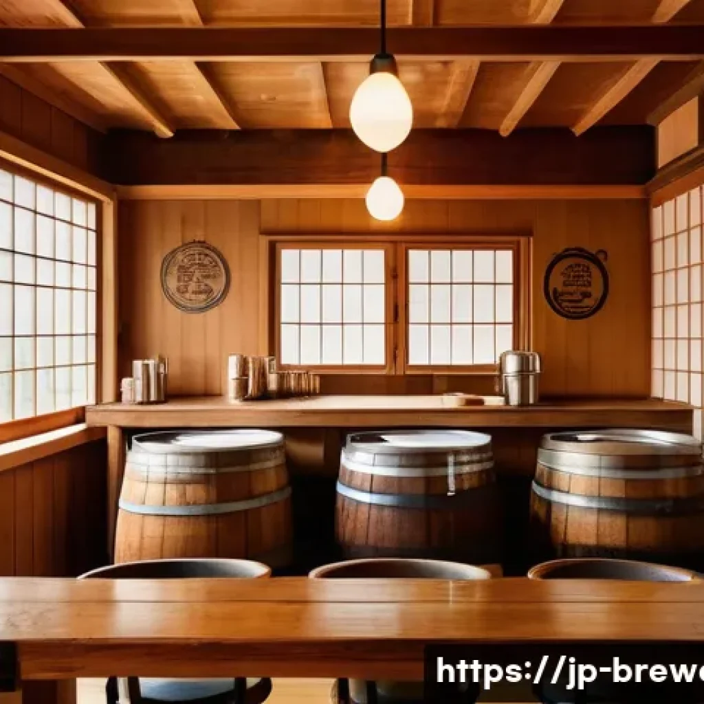 수제맥주에 대한 오해와 진실 - A cozy craft brewery interior in Japan during autumn, showcasing wooden barrels and copper brewing e...