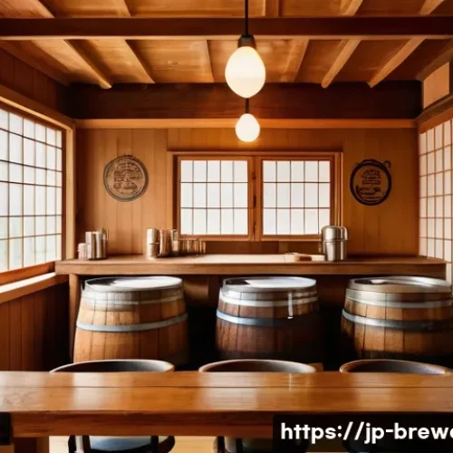 수제맥주에 대한 오해와 진실 - A cozy craft brewery interior in Japan during autumn, showcasing wooden barrels and copper brewing e...