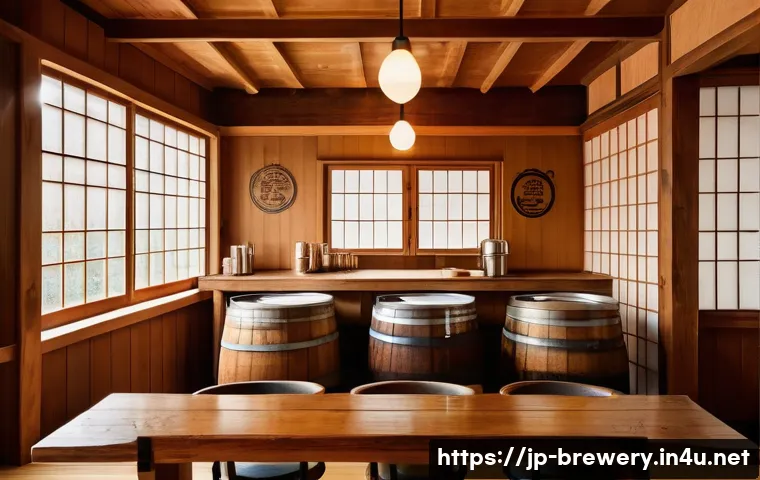 수제맥주에 대한 오해와 진실 - A cozy craft brewery interior in Japan during autumn, showcasing wooden barrels and copper brewing e...