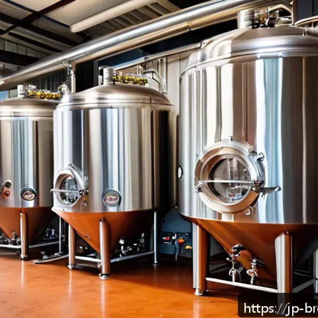 브루어리 창업 비용 - A modern craft brewery interior featuring compact brewing kettles and multiple stainless steel ferme...