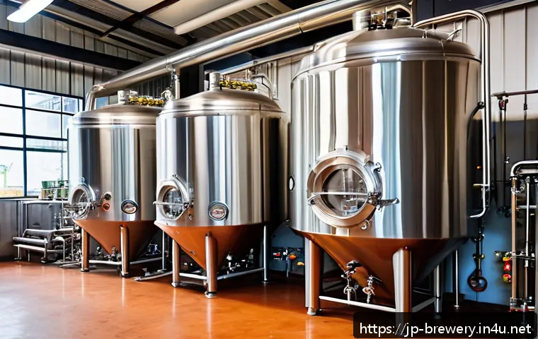 브루어리 창업 비용 - A modern craft brewery interior featuring compact brewing kettles and multiple stainless steel ferme...