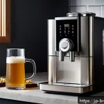 수제맥주 양조기기 - A cozy home kitchen corner dedicated to craft beer brewing, featuring a compact, modern brewing mach...