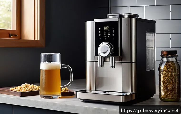 수제맥주 양조기기 - A cozy home kitchen corner dedicated to craft beer brewing, featuring a compact, modern brewing mach...