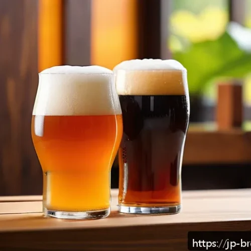 수제맥주 스타일 비교 - A vibrant craft beer tasting scene featuring a wooden table with two distinct glasses of beer: one a...