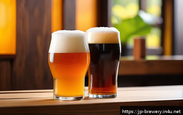 수제맥주 스타일 비교 - A vibrant craft beer tasting scene featuring a wooden table with two distinct glasses of beer: one a...