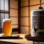 맥주 통기술 - A cozy Japanese home setting featuring a person pouring draft beer from a keg into a tall, elegant g...