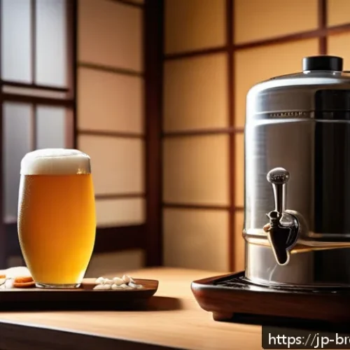 맥주 통기술 - A cozy Japanese home setting featuring a person pouring draft beer from a keg into a tall, elegant g...