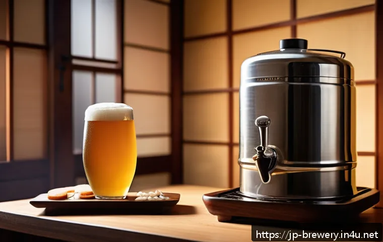 맥주 통기술 - A cozy Japanese home setting featuring a person pouring draft beer from a keg into a tall, elegant g...