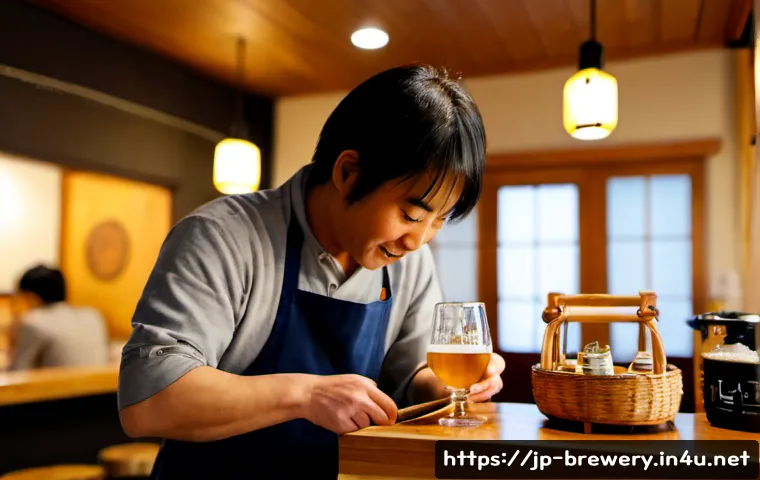 수제맥주와 로컬 문화 - Photorealistic cozy Japanese craft brewery taproom, a friendly local brewer in a clean apron pouring...
