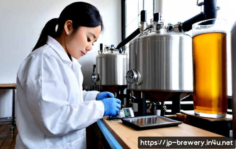 수제맥주 품질 관리 - Photorealistic craft brewery quality control scene, a meticulous brewer in clean workwear using a di...