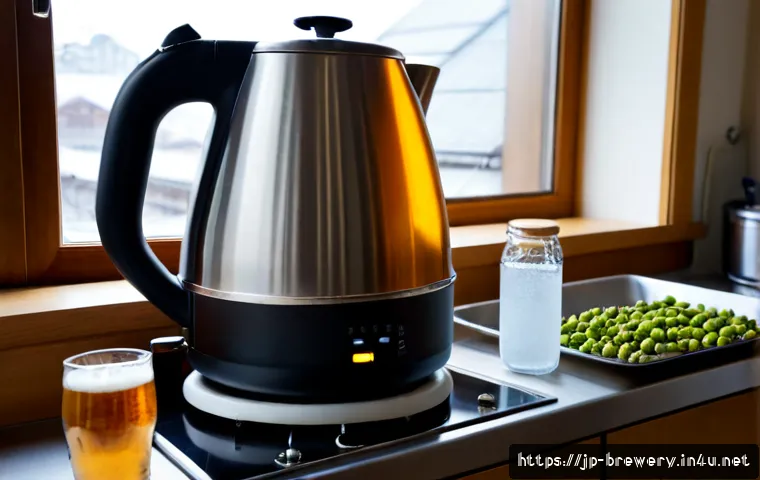 수제맥주 홈브루잉 - Photorealistic homebrewing scene in a clean Japanese apartment kitchen, stainless steel brewing kett...