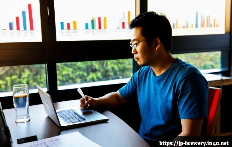브루어리 수익성 분석 - Photorealistic craft brewery owner reviewing profitability at a clean wooden office desk, open lapto...